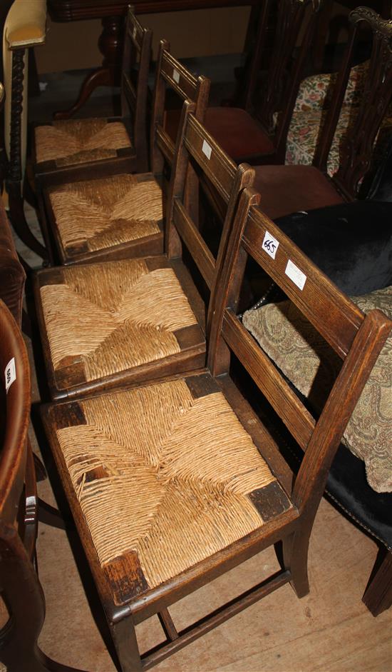 Set 4 19th century oak dining chairs with drop in rush seats